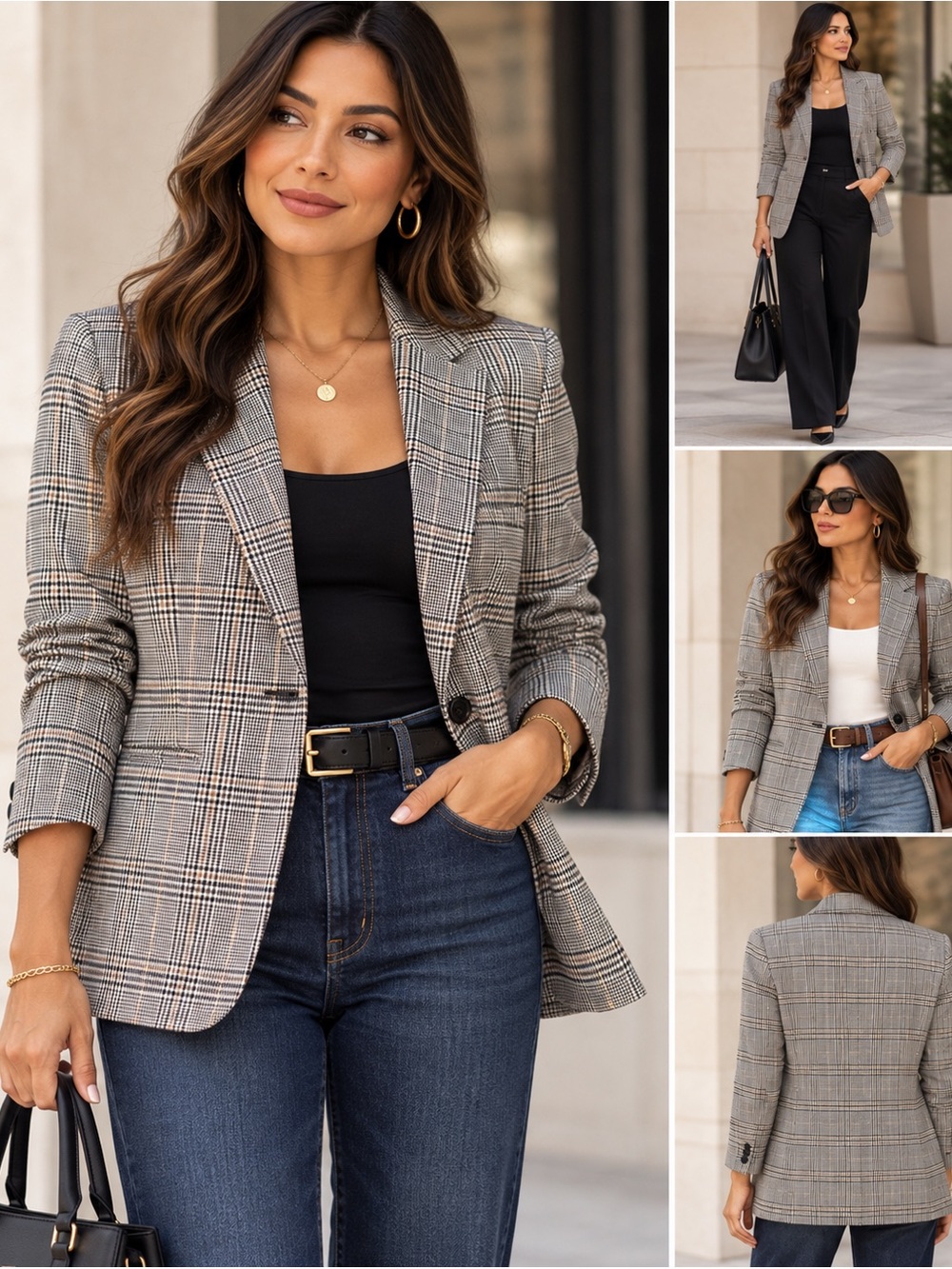 Zara Plaid Glen Check Blazer Women’s US 8 Black Tan Tailored Career Jacket